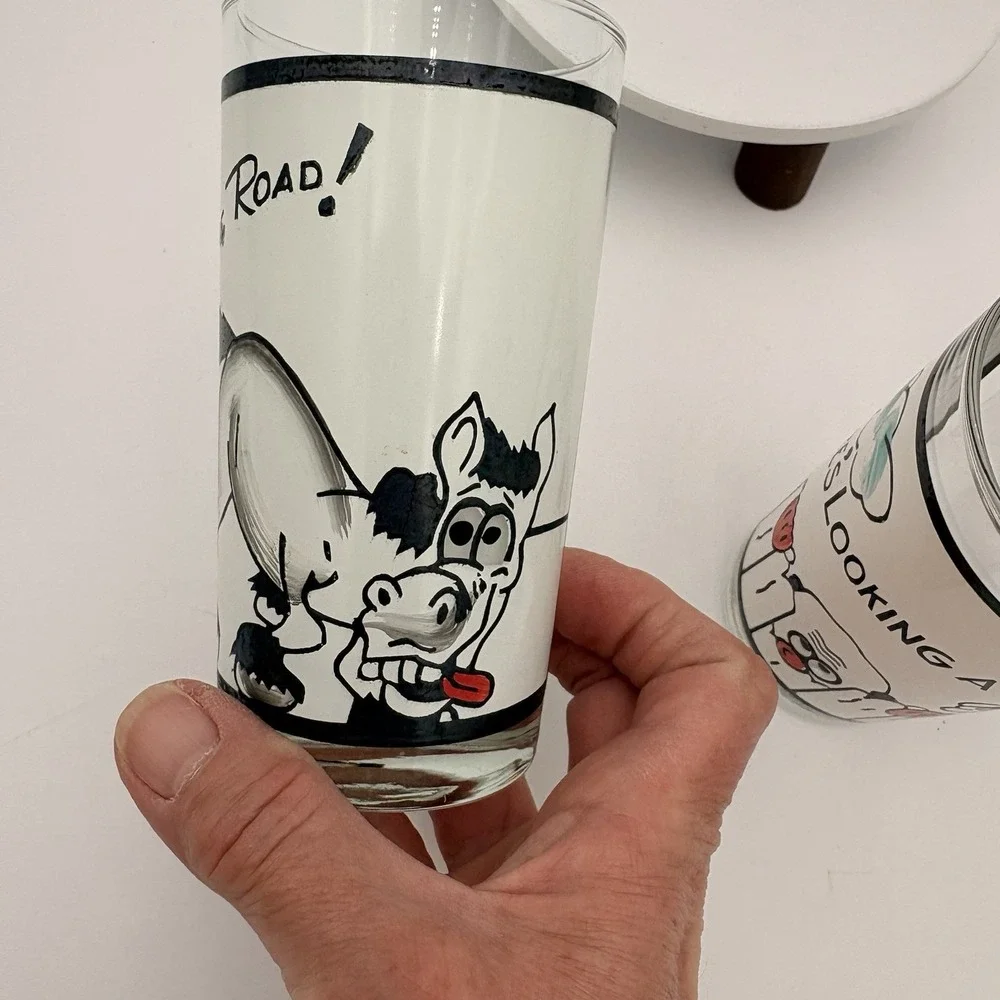 3 Vtg MCM Roving Eye Barware‎ 10 oz Glasses Bottoms Up Here's Looking At You